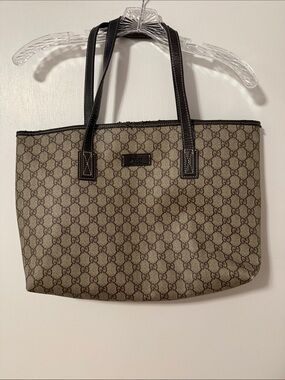 Vintage Beige/Brown GG Tote Dark Brown Handles Gucci Logo Coated Canvas Monogram